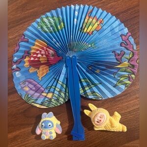 Mini Resin Yoga Labubu, Mini Resin Stitch, Fish-Print Foldable Fan Kids Bundle